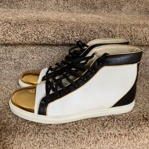 Louis Leeman Men's Leather White/Black with Gold Metal Front Trim Sneakers.